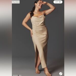 Tan linen blend backless midi dress